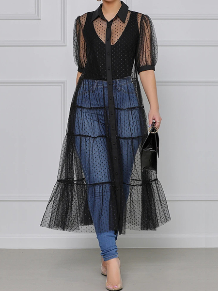 

Plain Urban Shirt Collar Short sleeve Loose Mid-long Blouse, Black, Blouses and Shirts