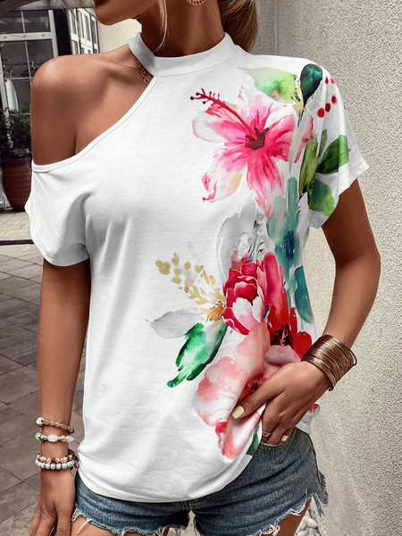 

Casual One Shoulder Floral Regular Fit Shirt, White, Shirts & Blouses