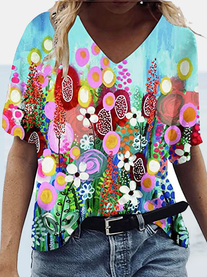 

Floral Loose Casual T-Shirt, Green, T-Shirts
