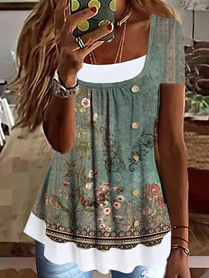 Floral Crew Neck Casual Blouse, Green, Blouses