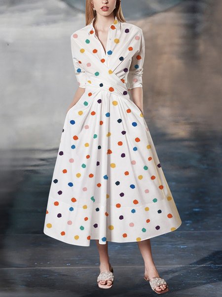 

Three Quarter Elegant V Neck Polka Dots Dress, White, Midi Dresses