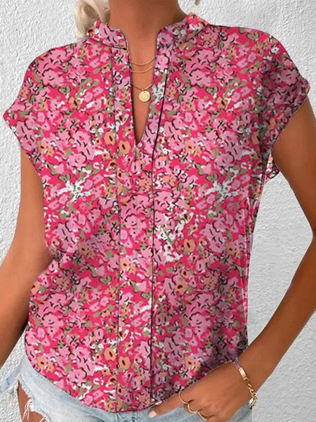 

Notched Floral Casual Loose Shirt, Deep pink, Shirts & Blouses
