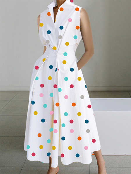 

Plus Size Regular Fit Polka Dots Shirt Collar Urban Dress, Multicolor, Plus Dresses