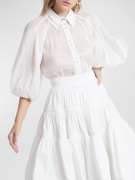 

Shirt Collar Plain Loose Elegant Blouse, White, Blouses and Shirts