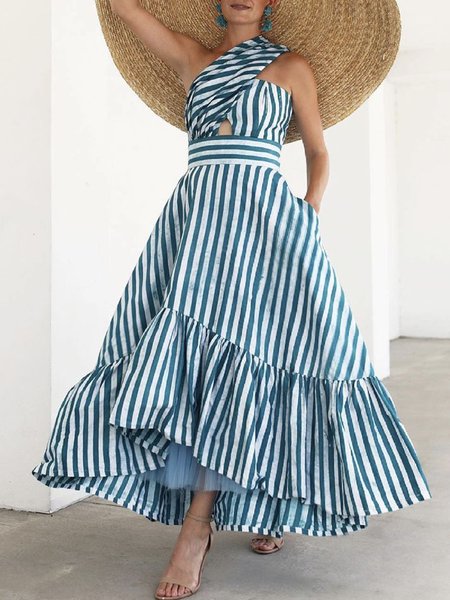 

Daily Vacation Regular Fit One Shoulder Dress, Blue, Maxi Dresses
