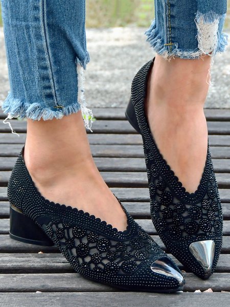 

Rhinestone Mesh Low Heel Pointed-Toe Pumps, Black, Heels