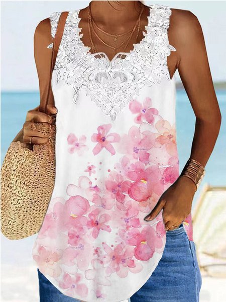 

Floral Loose Vacation Tank Top, White, Tanks & Camis
