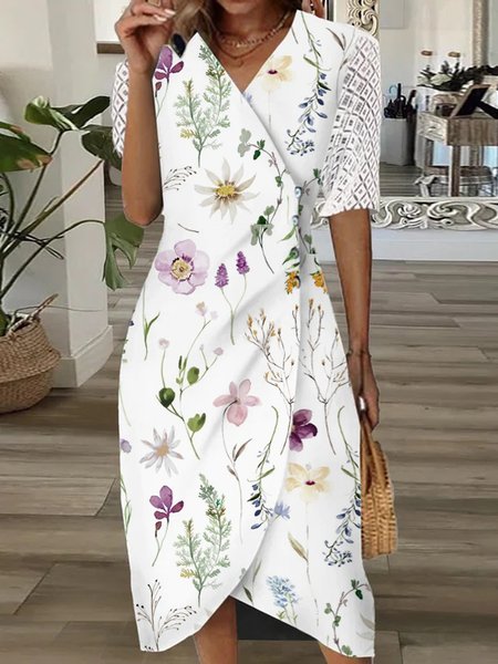 Regular Fit Floral Casual Lace Dress, White, Dresses