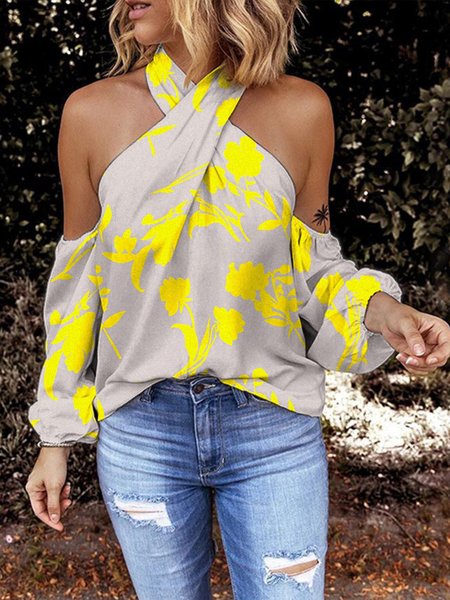 

Vacation Floral Cold Shoulder Shirt, Yellow, Blouses and Shirts