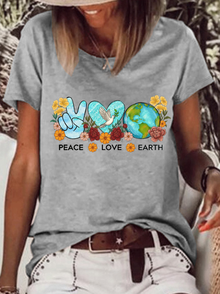 

Women's Peace Love Earth Save The Planet Environmental Casual T-Shirt, Gray, T-shirts