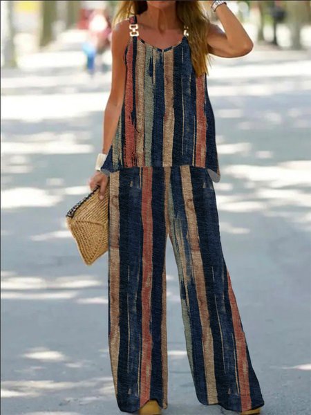 

Striped Sleeveless Spaghetti Casual Grommets Two-Piece Set, Multicolor, Suit Set