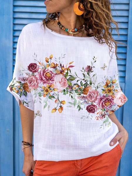

Linen Floral Cotton Crew Neck Shirt, White, Shirts & Blouses