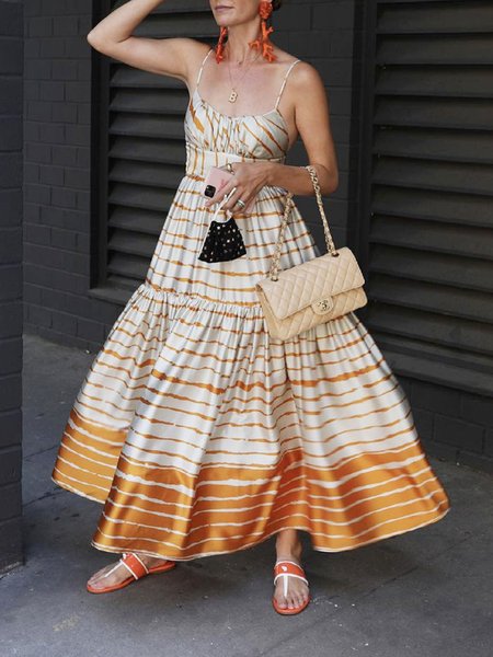 

Striped Regular Fit Spaghetti Vacation Dress, Yellow, Maxi Dresses