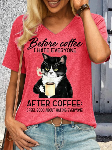 

Women's Before Coffee I Hate Everyone After Coffee Black Cat Drink Letters Casual T-Shirt, Pink, T-shirts