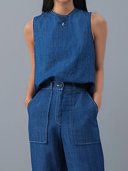 

Plain Urban Crew Neck Sleeveless Shirt, Blue, Blouses and Shirts