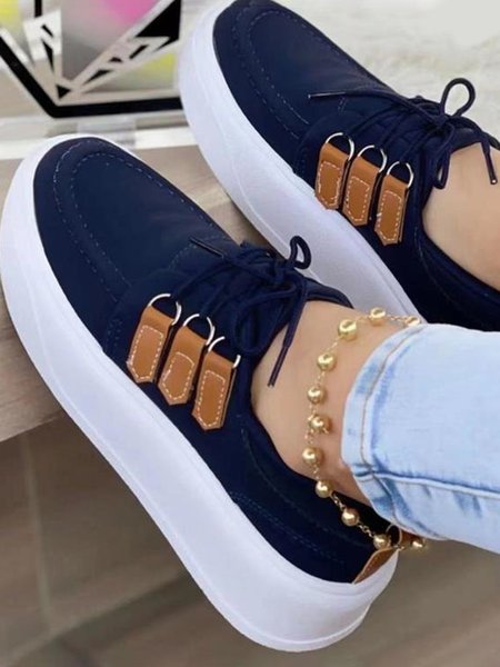 

Leather Stitching Platform Lace-up Casual Shoes, Deep blue, Flats