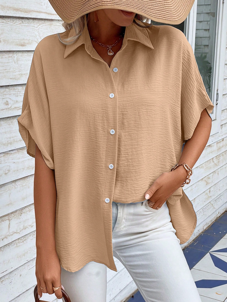 

Loose Shirt Collar Casual Blouse, Khaki, Shirts & Blouses