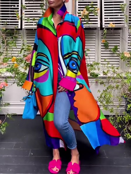 

Plus Size Loose Abstract Shirt Collar Casual Dress, Multicolor, Plus Dresses