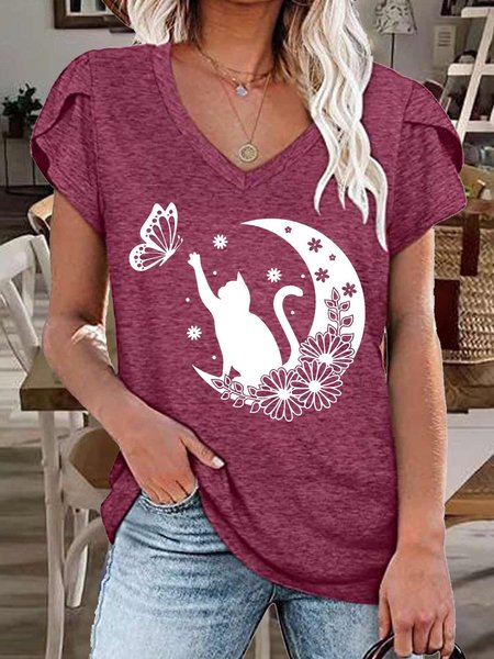 

Women's Cat Butterfly Casual V Neck Regular Fit T-Shirt, Wine red, T-shirts