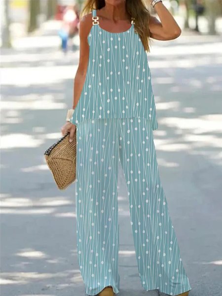 

Abstract Polka Dots Crew Neck Casual Two-Piece Set, Green, Suit Set