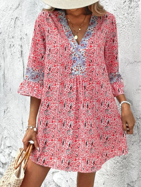 

Floral Loose V Neck Casual Dress, Red, Dresses