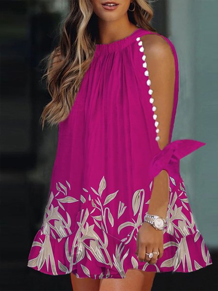 

Halter Vacation Floral Loose Dress, Rose red, Mini Dresses