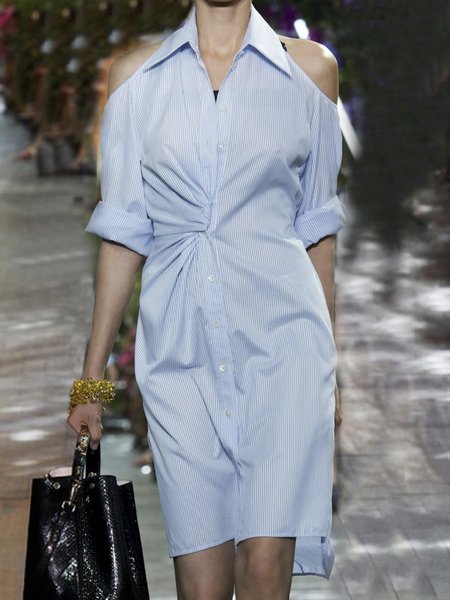 

Three Quarter Elegant Shirt Collar Striped Dress, Blue, Mini Dresses