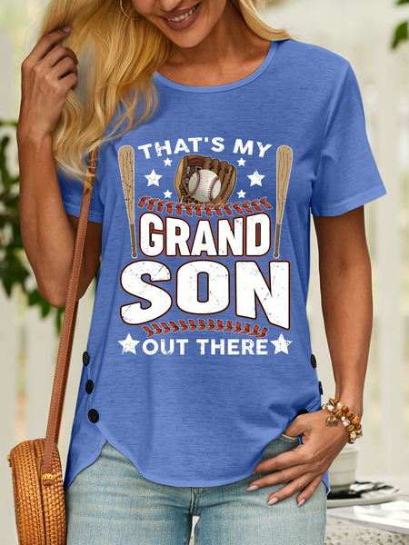 

Women’s That's My Grandson Out There Baseball Grandma Casual Text Letters T-Shirt, Blue, T-shirts