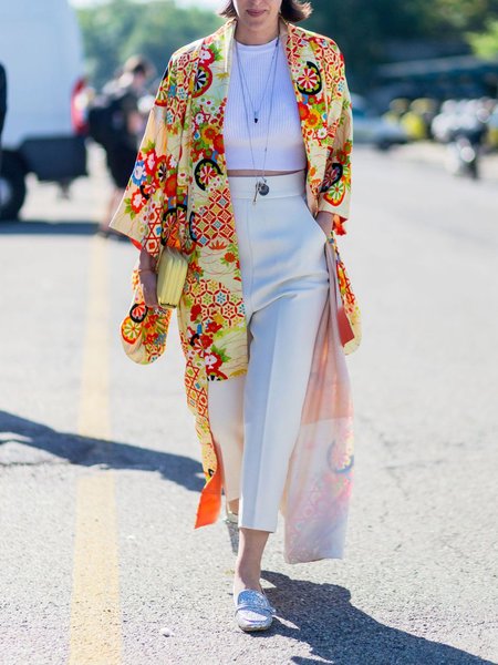 

Casual Floral Loose Shawl Collar Kimono, As picture, Others
