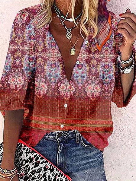 

Loose Ethnic Vintage V Neck Blouse, Rust, Shirts & Blouses