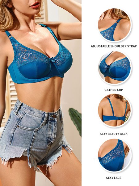 

Ultra Thin C/D Cup Push Up Adjustable Sexy Lace Underwire Bra, Lake blue, Trendy Bras