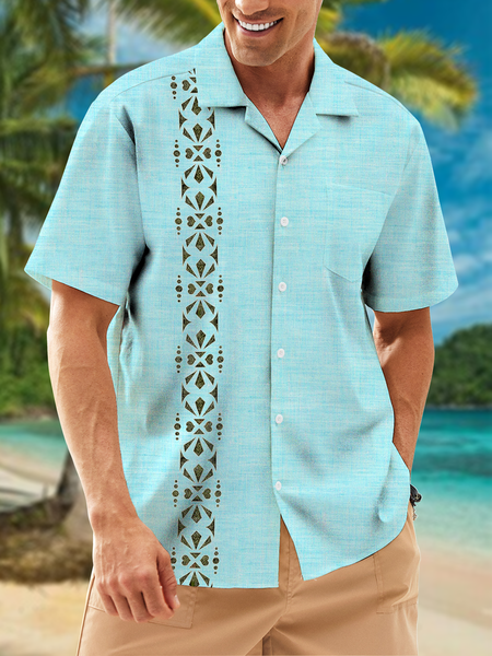 

Striped Chest Pocket Short Sleeve Guayabera Shirt, Mint, Men Shirts