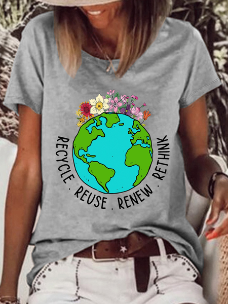

Women's Recycle Reuse Renew Rethink Floral Save the Earth Casual Text Letters Cotton-Blend T-Shirt, Gray, T-shirts