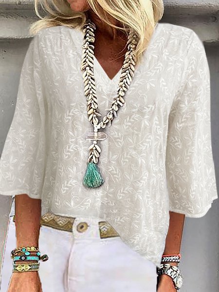 

Casual Plain Loose V Neck Blouse, White, Blouses