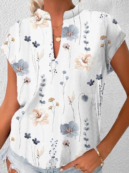 

Loose Notched Floral Casual Shirt, White, Shirts & Blouses