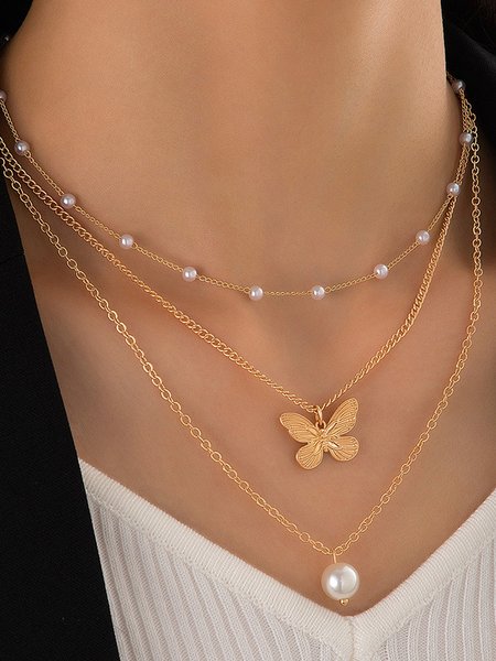 

Vacation Butterfly Pearl Layered Necklace Beach Boho Women's Jewelry, Golden, Necklaces