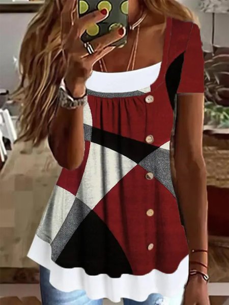 

Color Block Casual Regular Fit Ruched Shirt, Red, Shirts & Blouses