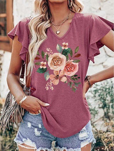 

Women's Casual V Neck Floral Mother's day T-Shirt, Rose red, T-shirts
