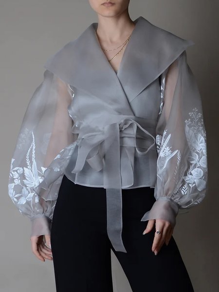 

Shawl Collar Floral Print Elegant Organza Blouse, Gray, Blouses and Shirts