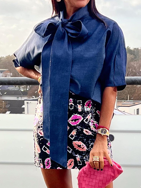 Urban Loose Stand Collar Short sleeve Blouse, Denim blue, Blouses and Shirts