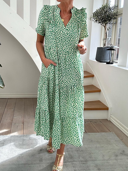 

Loose Vacation Floral Notched Dress, Green, Dresses