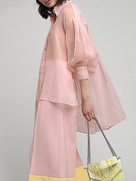 

Shirt Collar Loose Long sleeve Ultra lightweight Urban Blouse, Pink, Blouses and Shirts