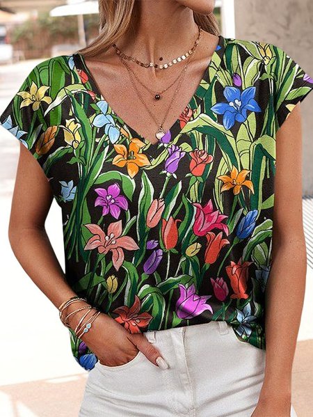 

V Neck Knitted Casual Loose T-Shirt, Black, T-Shirts