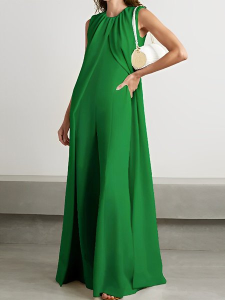 

Loose Crew Neck Plain Urban Sleeveless Jumpsuit, Green, Jumpsuits