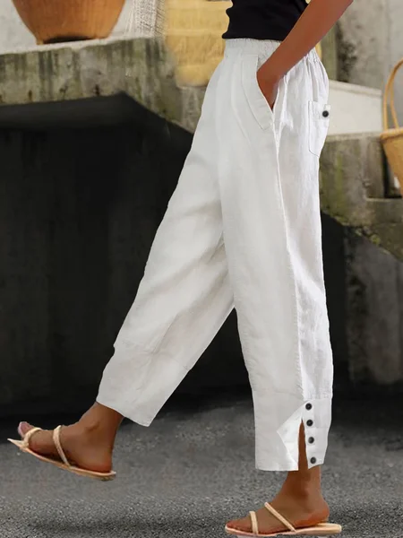 

Women Casual Half Open Button Hem Elastic Waist Pockets Comfy Lounge Workout Plain Cotton Pants, White, Pants