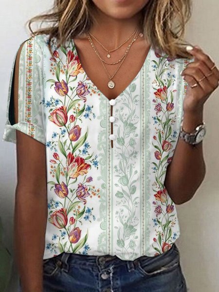 

V Neck Loose Floral Casual T-Shirt, White, T-Shirts
