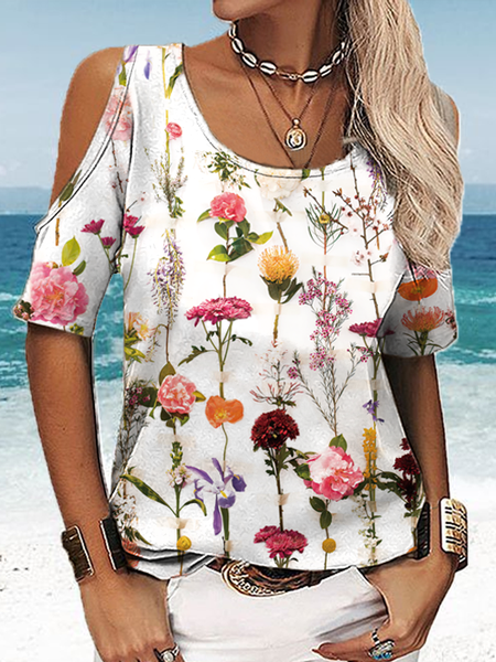 

Women's Floral Crew Neck Cotton-Blend Solid Drop Shoulder Casual T-Shirt, White, T-shirts