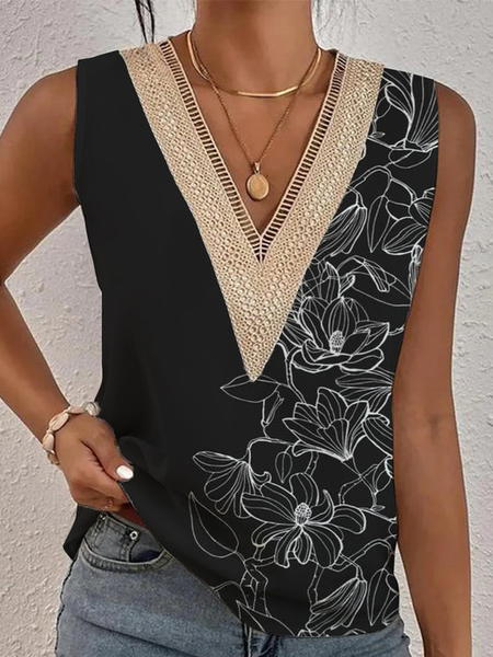 

Floral Regular Fit Lace Casual Tank Top, Black, Tanks & Camis
