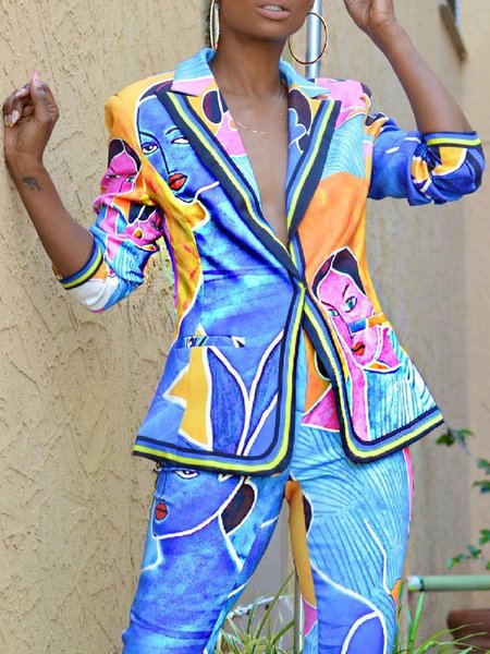 

Regular Fit Abstract Lapel Collar Urban Blazer, Blue, Blazers