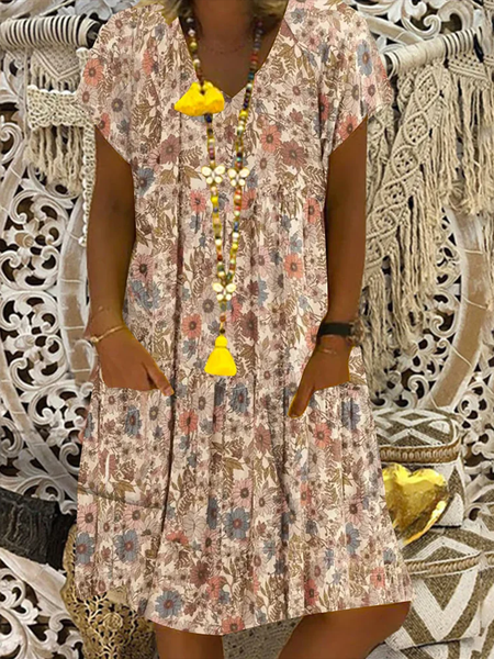 

Floral Loose Elegant V Neck Dress, Khaki, Dresses